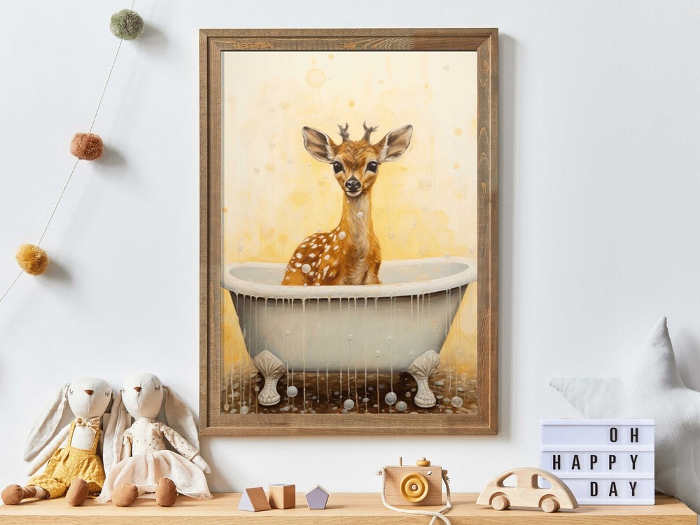 Adorable Vintage Deer Bath Time Forest Animal Nursery Art High-Res Decor