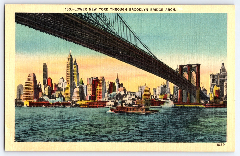 New York City New York NY Brooklyn Bridge City Buildings Vintage Linen Postcard