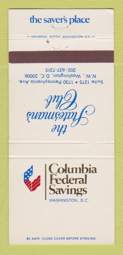 Matchbook Cover - Columbia Federal Savings Washington DC 30 Strike