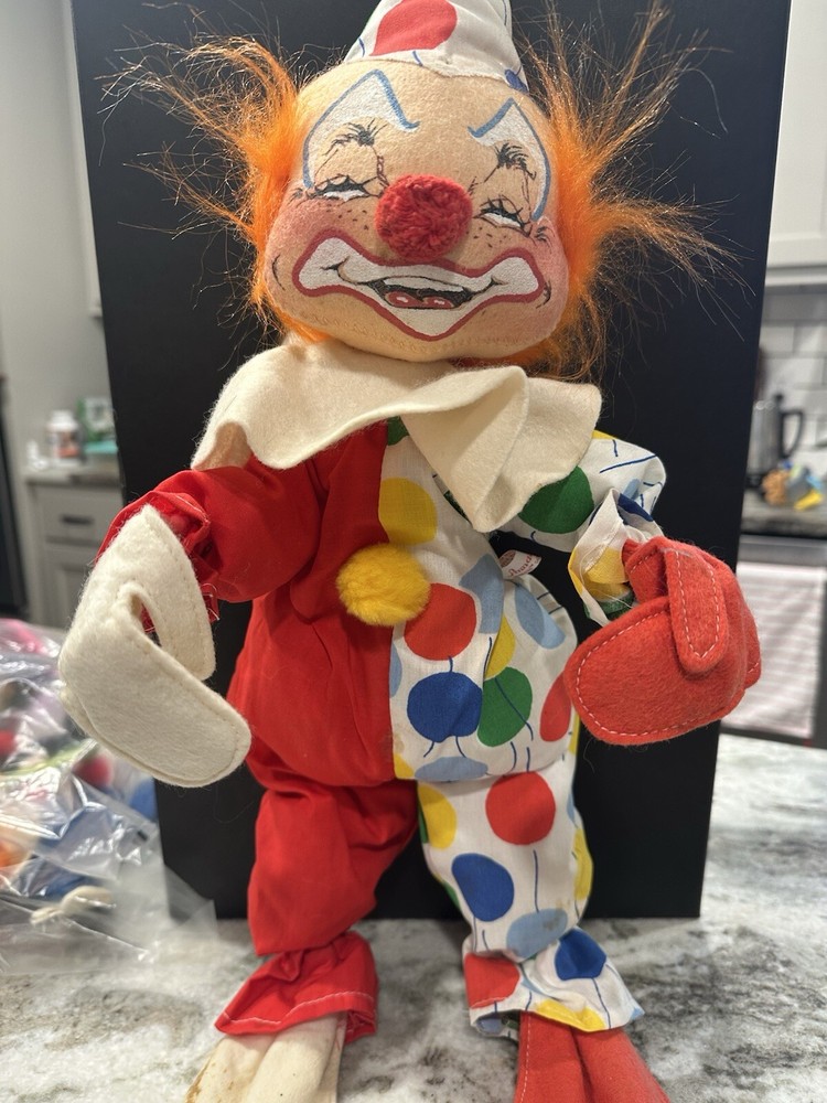 Vintage 1971 Annalee Circus Clown Doll 18 Inch Orange Hair Polka Dot Suit