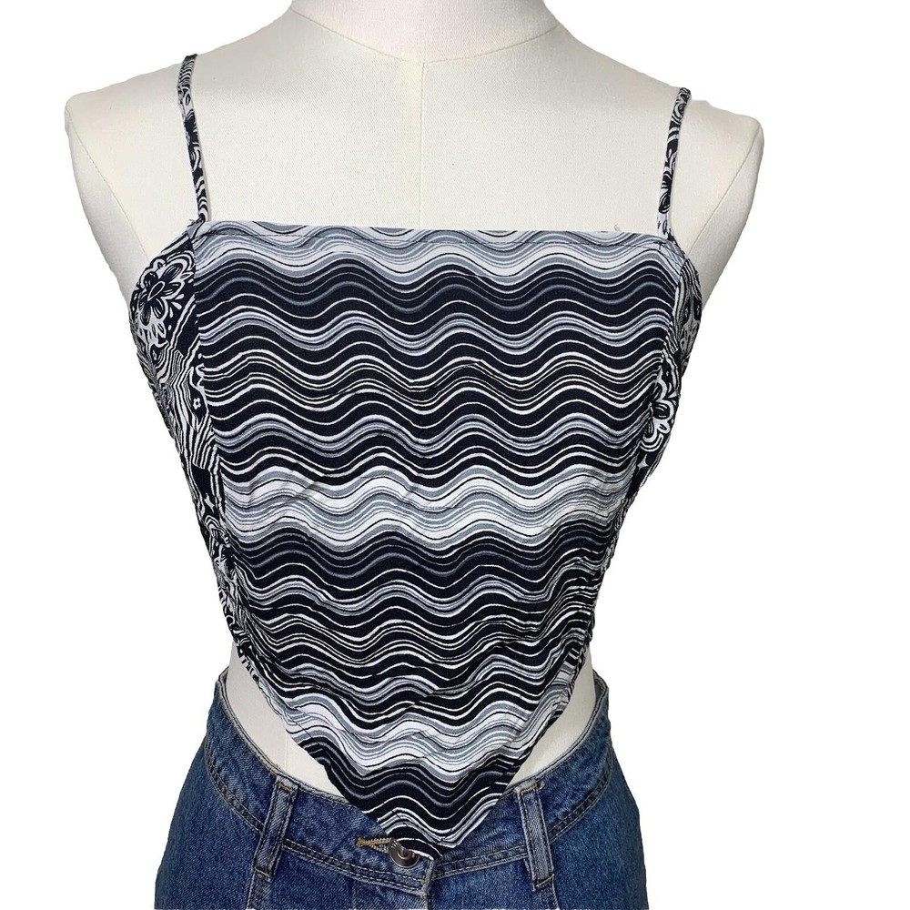 SO Crop Tank Top Womens Small Black White Mixed Print Handkerchief Boho Smocked