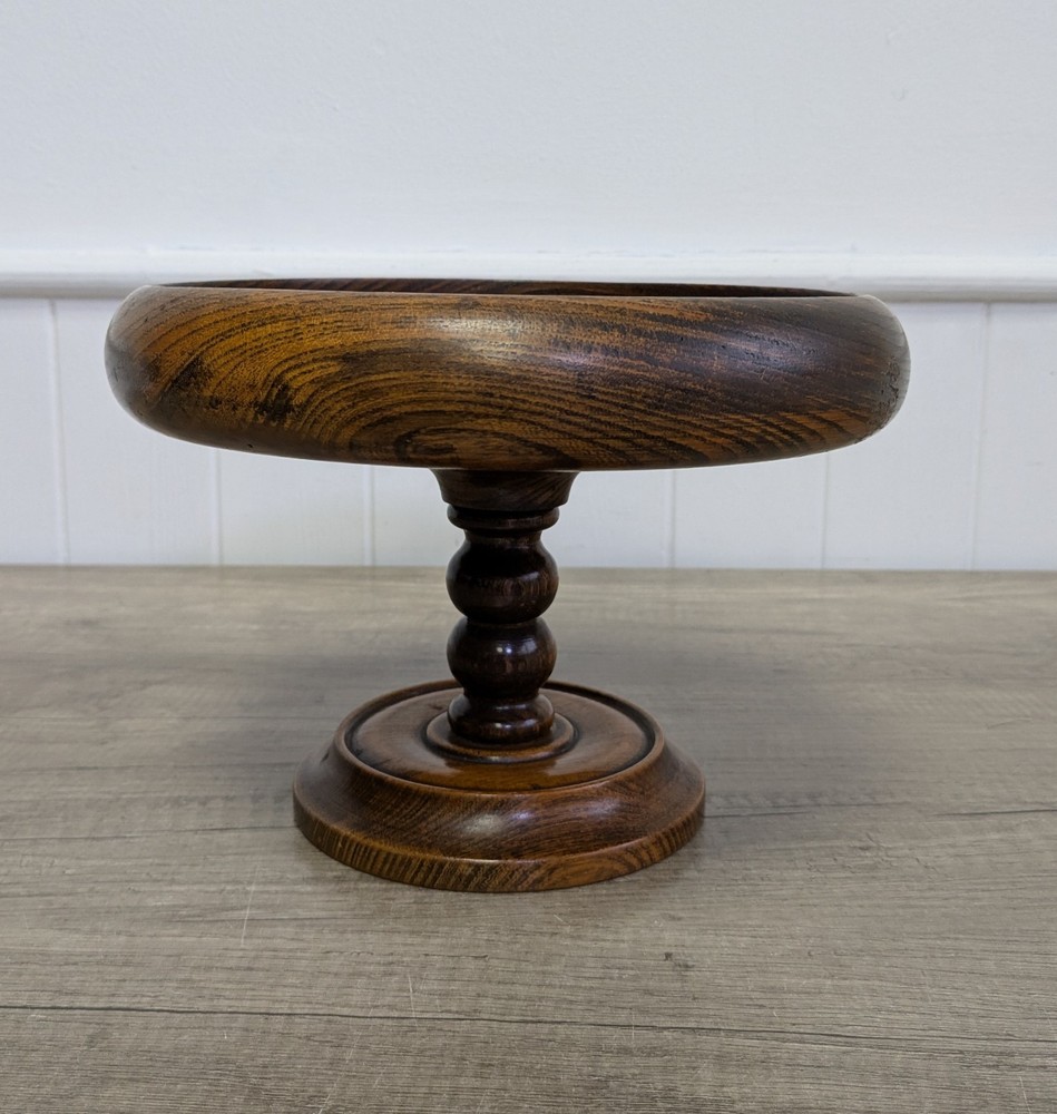 Vintage Wood English Oak Barley Twist Compote Pedestal Fruit Bowl, Sweet Dish