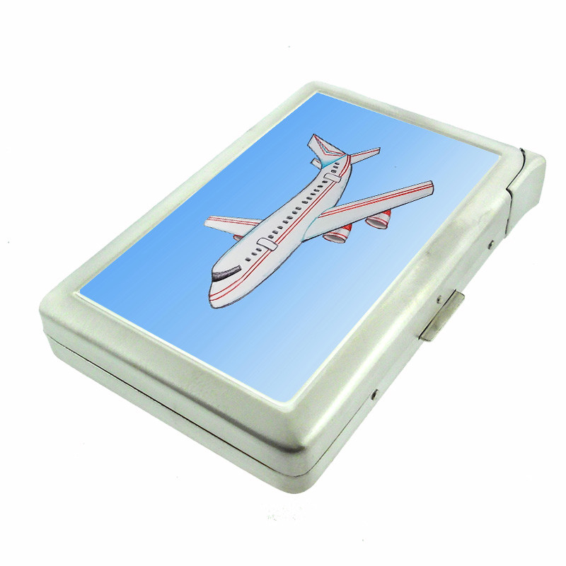 Airplane Cartoon Em1 100's Size Cigarette Case with Built in Lighter Wallet