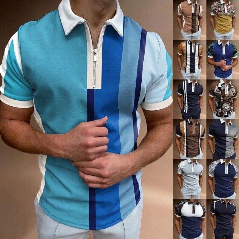 Men Short Sleeve Polo Shirts Casual Business Golf Zipper Slim Fit Tops T Shirt
