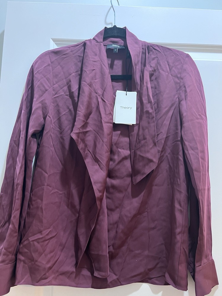 Theory Twist Scarf Blouse Bordeaux 100% Silk Long Sleeve Petites Size P