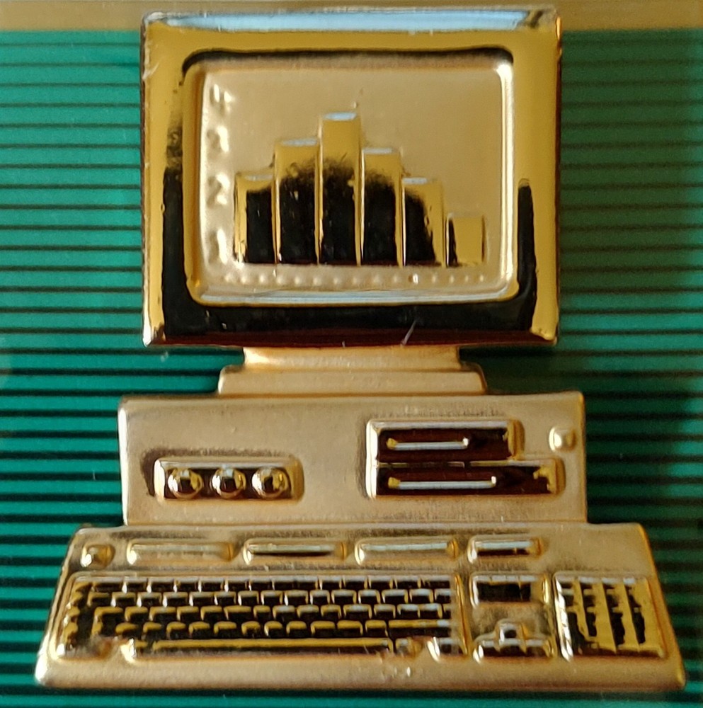 Vintage 1990s Desktop Computer PC Gold Tone Brooch Pin, Retro PC, Gaming, IT Pro