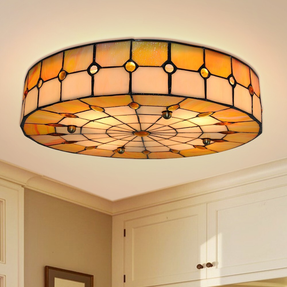 Tiffany Style Stained Glass Flush Mount Ceiling Light Vintage Fixture Round Lamp