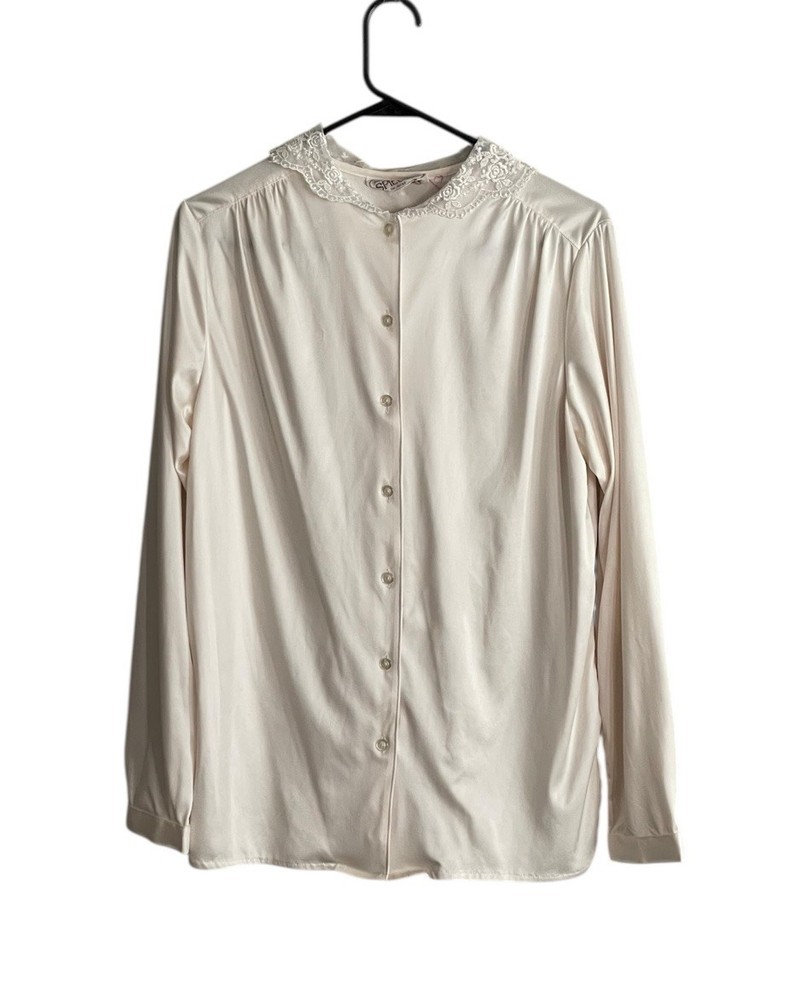Vintage Y2K Blouse Medium Ivory Cream Satin Long Sleeve Lace Collar