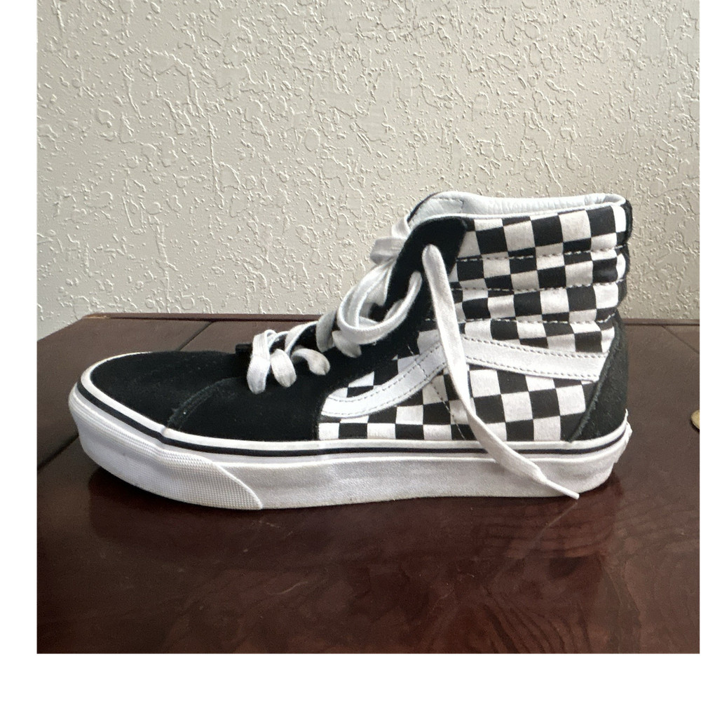 Vans Sk8-Hi Men's High Top Checkerboard Canvas Suede Shoes Size 7 Black White