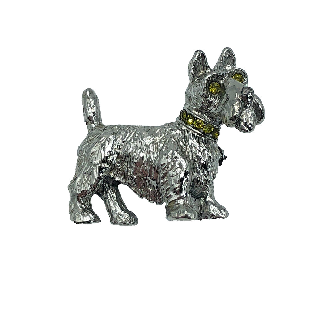 Vintage Dog Brooch Pin Scottie Dog Scottish Terrier Costume Silver Rhinestones