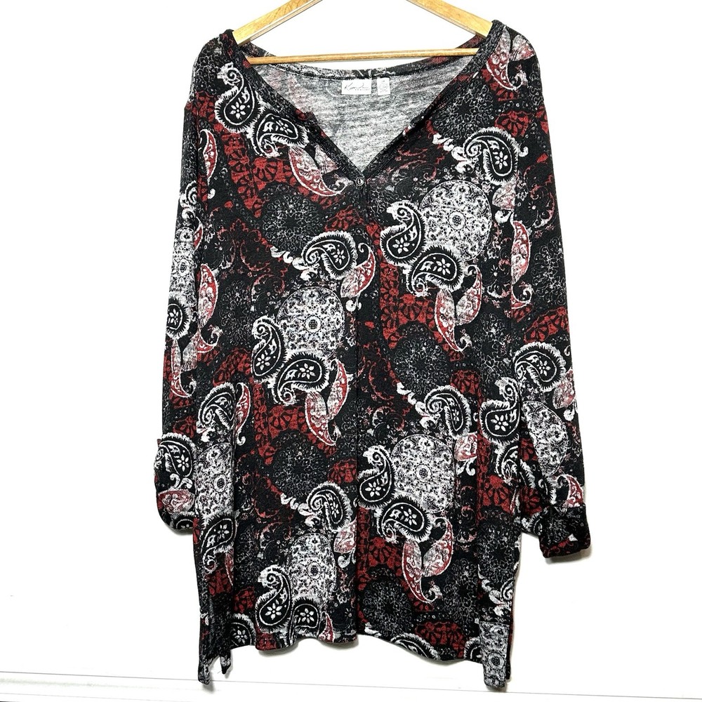Kim Rogers Plus Shirt Women’s 2X Paisley Boho 3/4 Roll Tab Sleeve V Neck Top