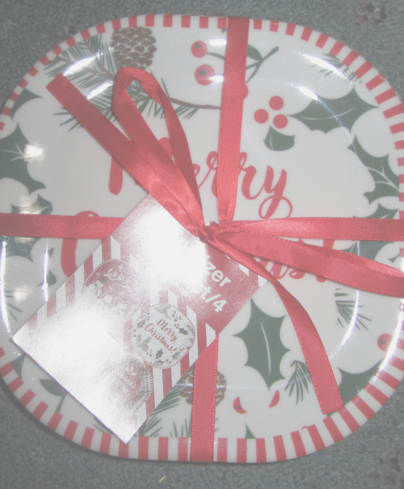 Christmas Melamine Appetizer Plates, Set of 4, Trees Snowman Holly Dinnerware