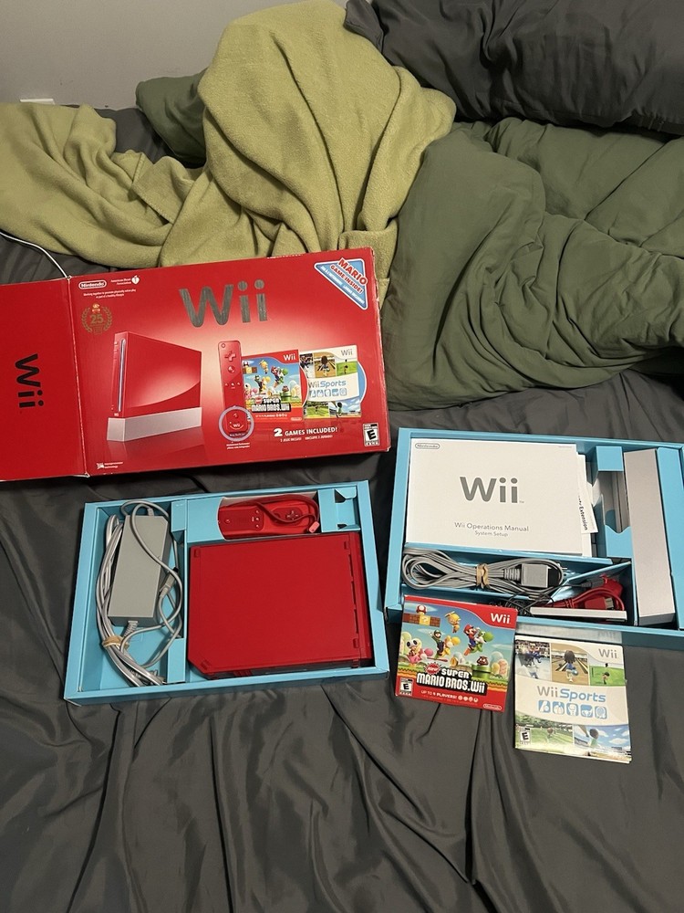 Nintendo Wii Red 25th Anniversary Console CIB Complete Box Mario Bros Wii Sports