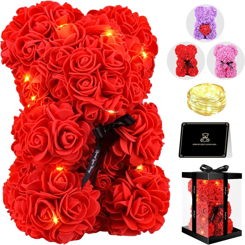 Red Flower Bear with LED Light - Perfect Gift for Her on Any Occasion