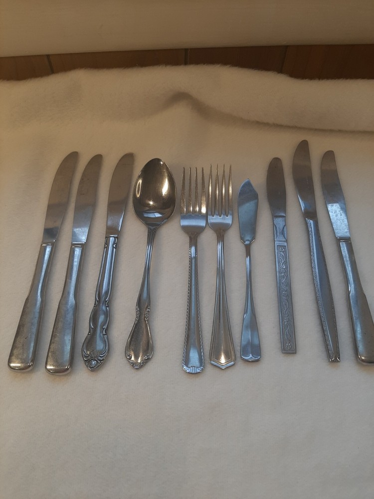 Mixed Lot of 10 Stainless Flatware Forks/Knifes/Spoons Patterns Replacements