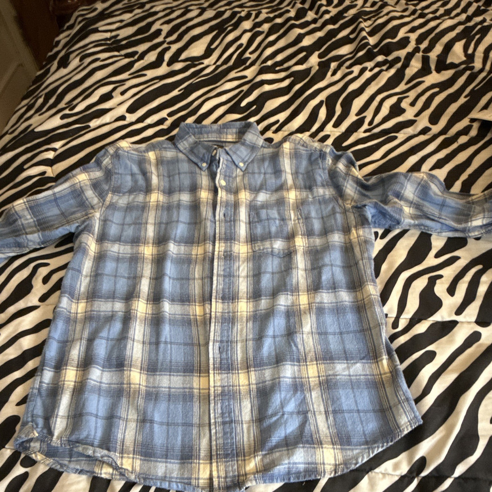 Aeropostale Men's Blue White Yellow Plaid Flannel Long Sleeve Button-Up M