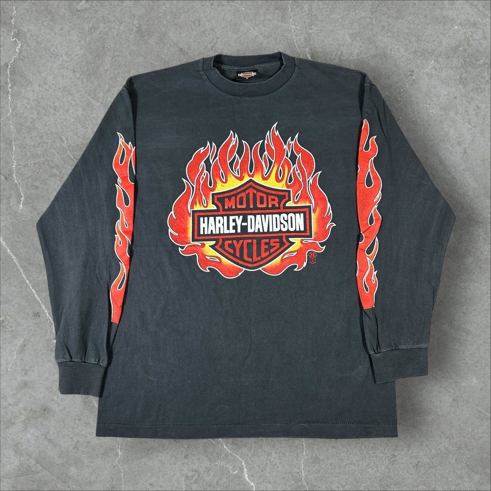 Vintage Harley Davidson Flame Fire Size Large Single Stitch Reprint Longsleeve