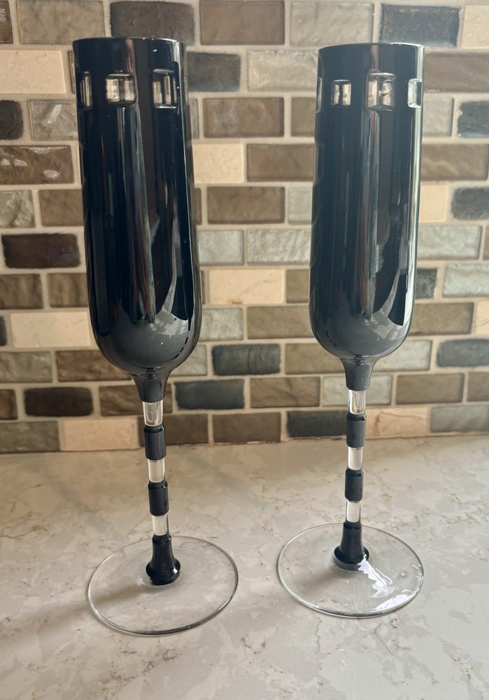 Vintage Black Crystal Champagne Flutes Set of 2 Cased Glass Banded Stem Toasting