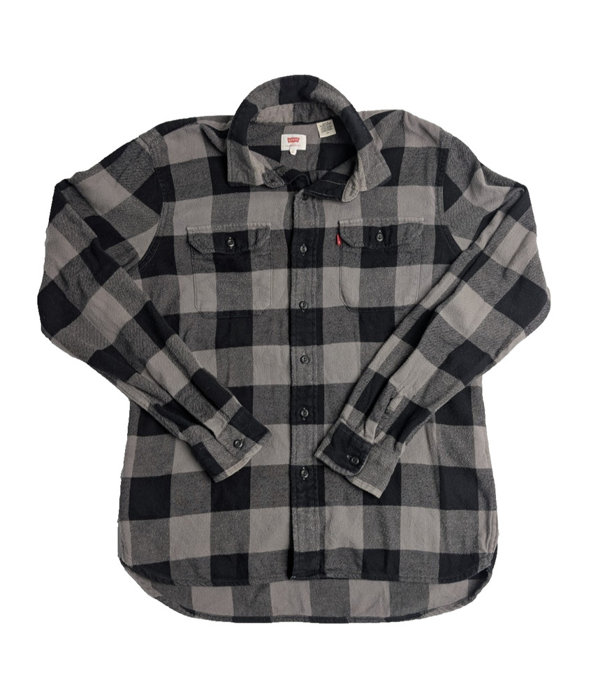 Levi's Men's L  Flannel Shirt Gray Black Plaid Button Up Long Sleeve Cotton