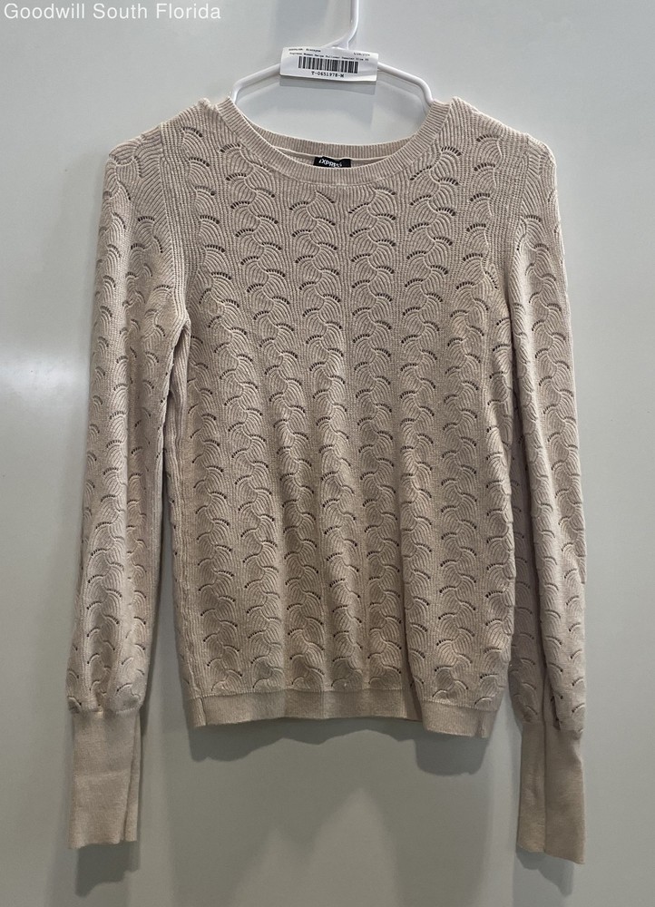 Express Womens Beige Long Sleeve Crew Neck Pointelle Knit Pullover Sweater Sz XS