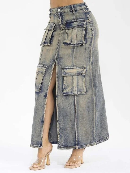 Olivacious Denim Cargo Long Skirt With Front Slit New Y2K 90s Contempory