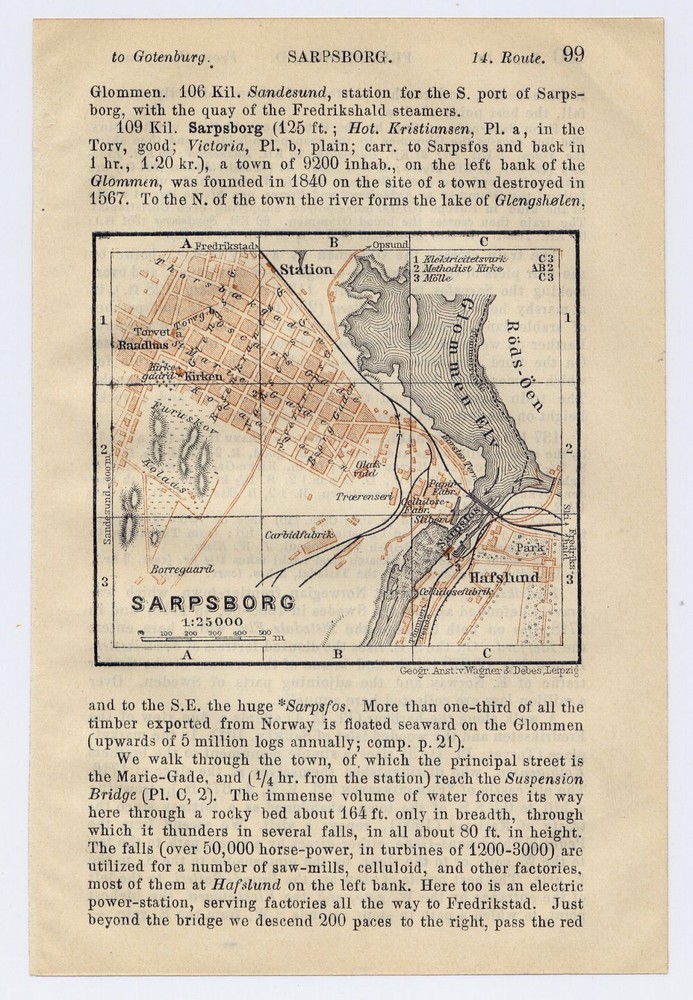 1912 Original Antique City Map Of Sarpsborg / Norway