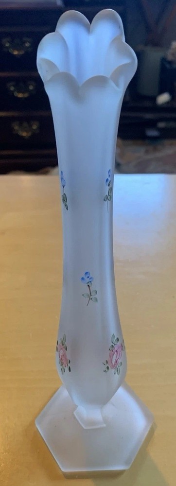 Vintage Westmoreland Frosted Glass Swung Bud Vase Handpainted Roses And Bows