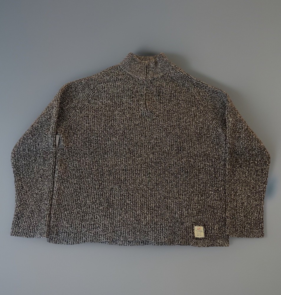 American Eagle Vintage Men’s Ribbed 1/4 Zip Sweater Brown Cotton Lambswool XL