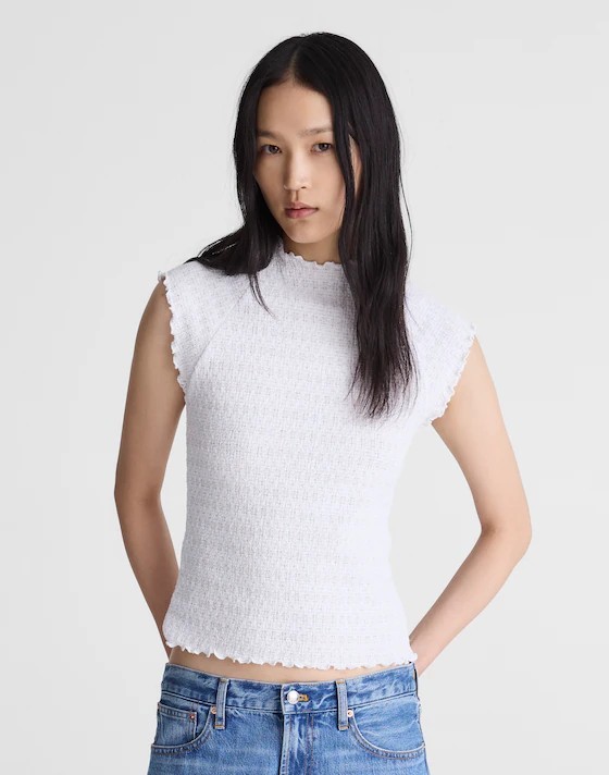 NWT Madewell Smocked Mockneck Tank White NZ426 Stretchy Lightweight Size Medium