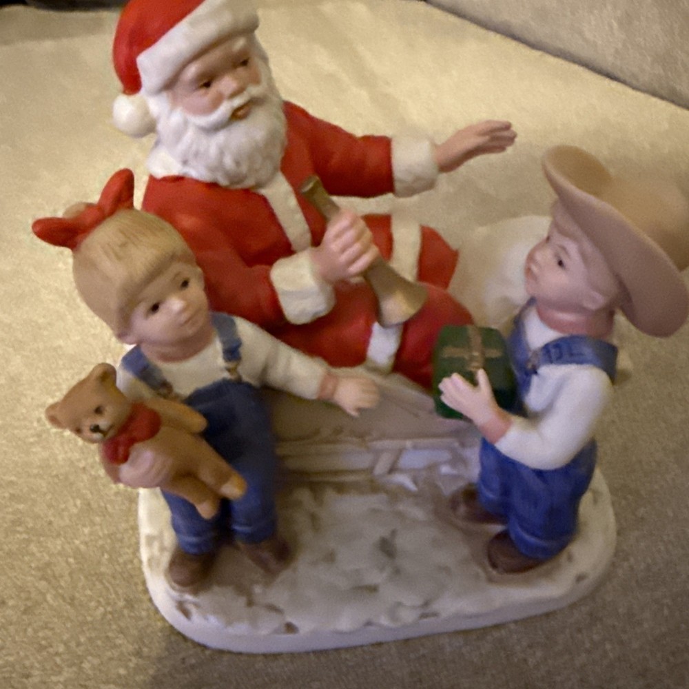 Vintage 1985 Denim Days Figurine 8924 Santas Visit HOMCO Christmas Sleigh