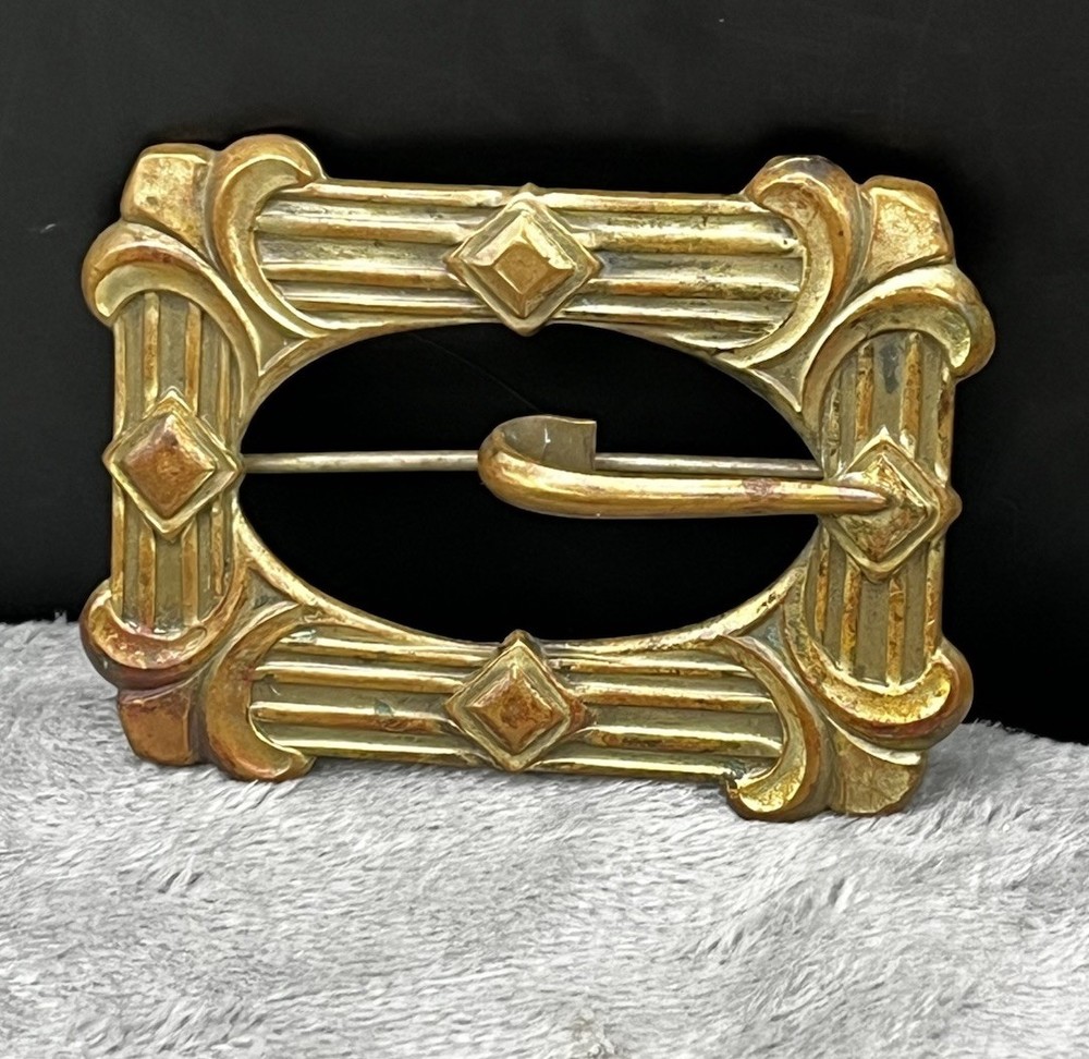 Antique Art Nouveau Sash Buckle Brooch Glass - Brass Filigree 1890’s Ornate