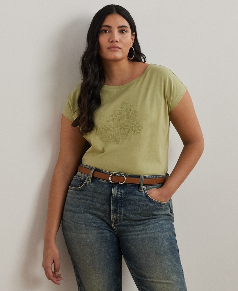 Lauren Ralph Lauren Plus Size Embroidered Boatneck Tee 2X Cotton Jersey