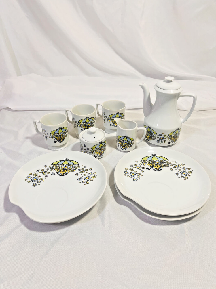 Rare Vintage Floral (Blue, Green and Yellow) Cart Tea Set Made in Japan MCM