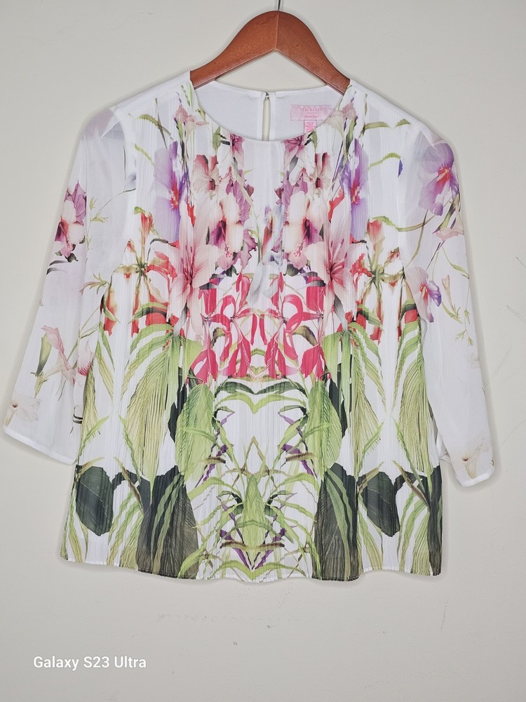 Ted Baker Women's Floral Pleated Chiffon Blouse White Multicolor Button Size 0