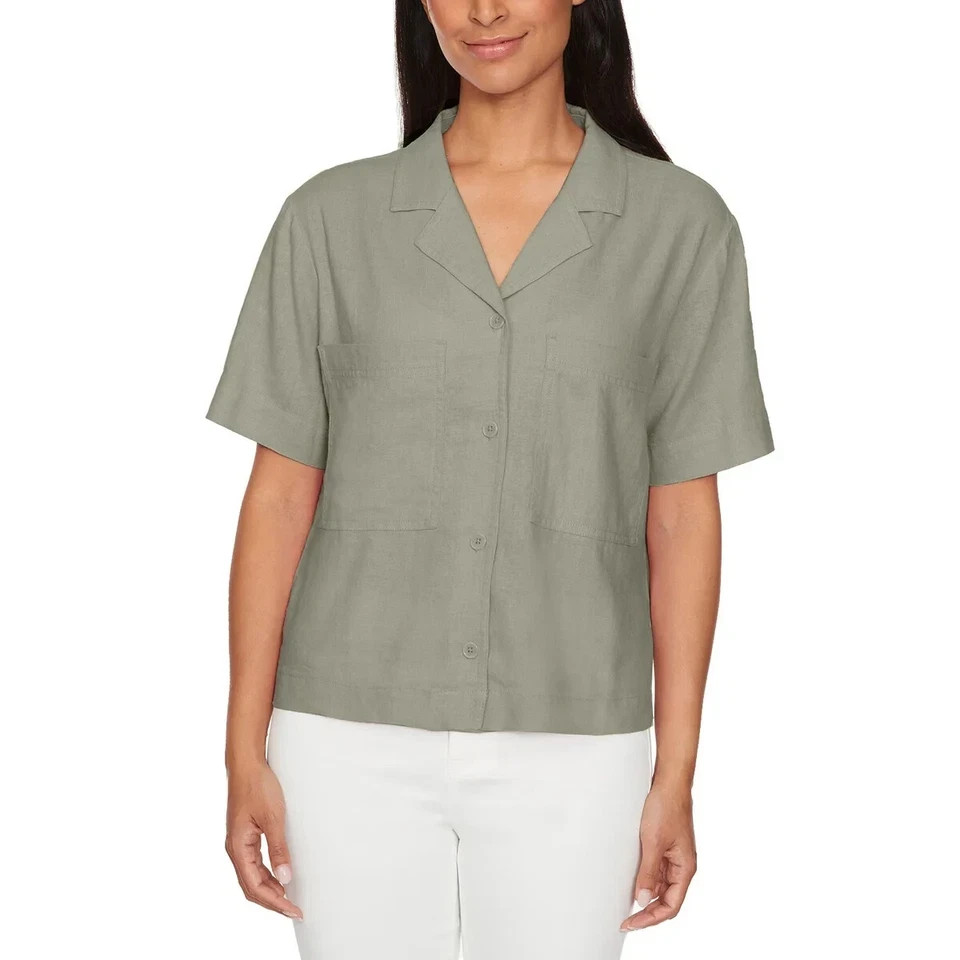 Buffalo Women's Linen Blend Short Sleeve Utility Top, Light Olive, Size M
