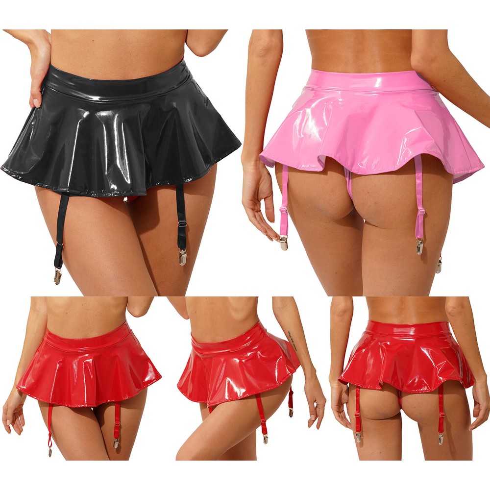Womens Skirts Shiny Miniskirt PVC Clubwear Glossy Garter Belt Faux Leather Pole