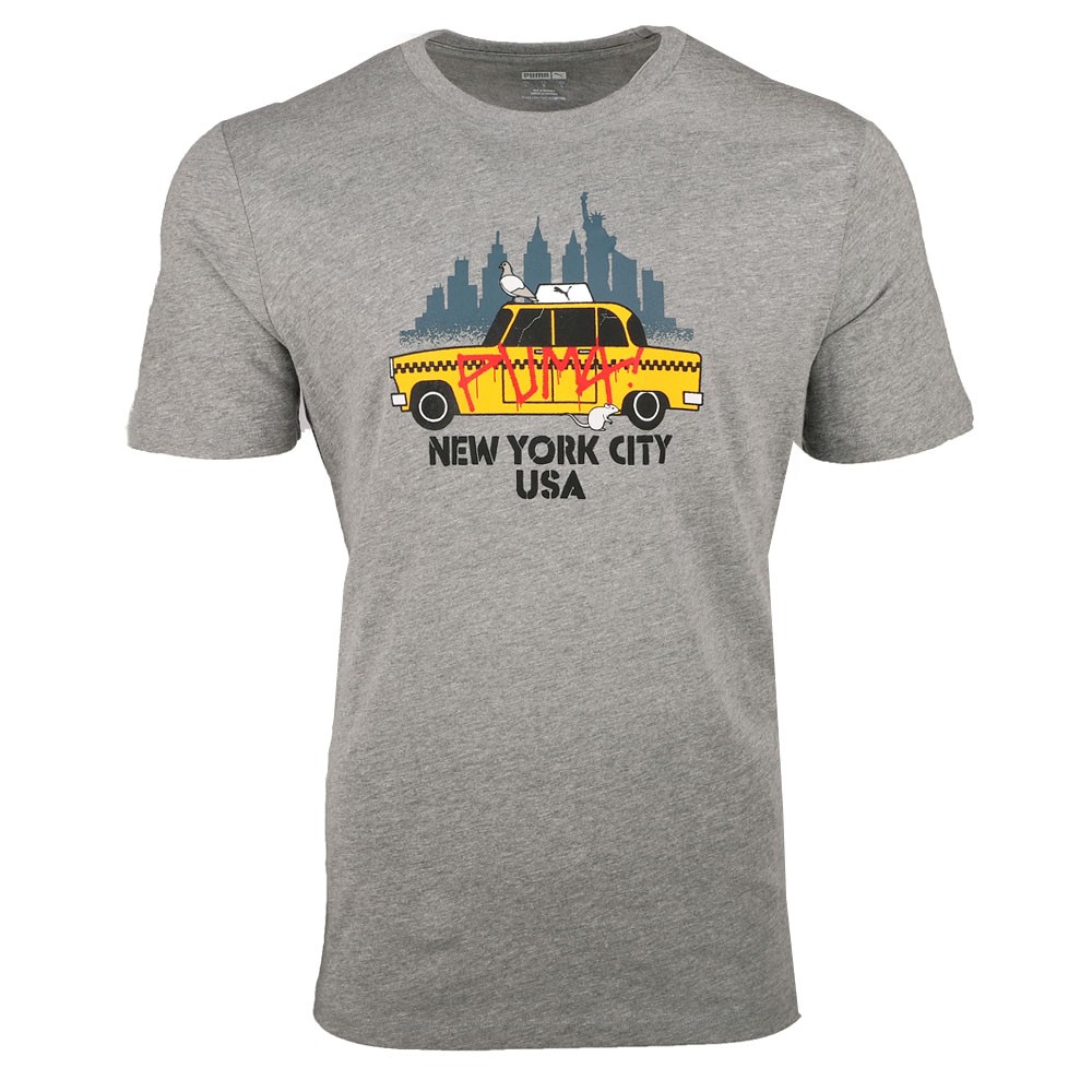 PUMA Nyc Cartoon Cab Graphic Crew Neck Short Sleeve T-Shirt Mens Grey Casual Top