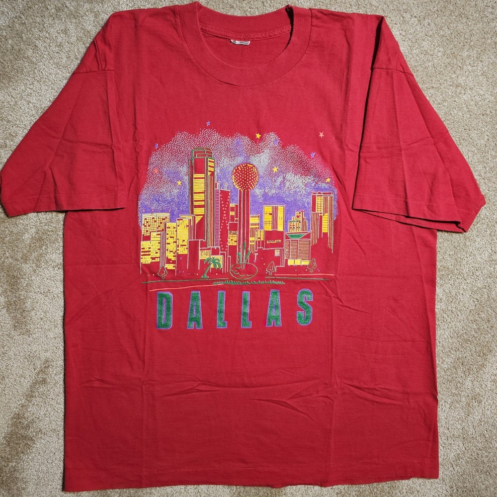 Vtg 90s Single Stitch Dallas Skyline XL T-Shirt Graphic Red Grunge Skate Indie