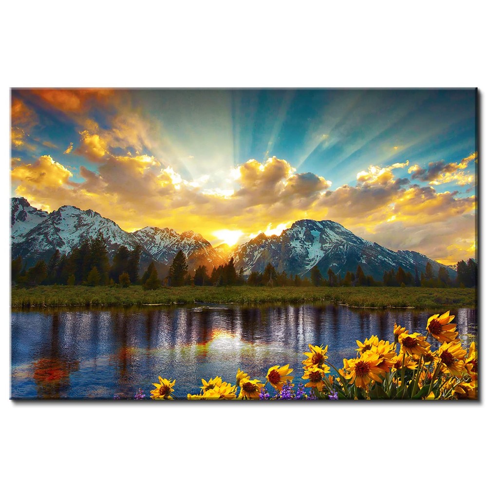 Mountain Canvas Wall Art for Living Room, Sunflower Landscape Picture Wall Decor