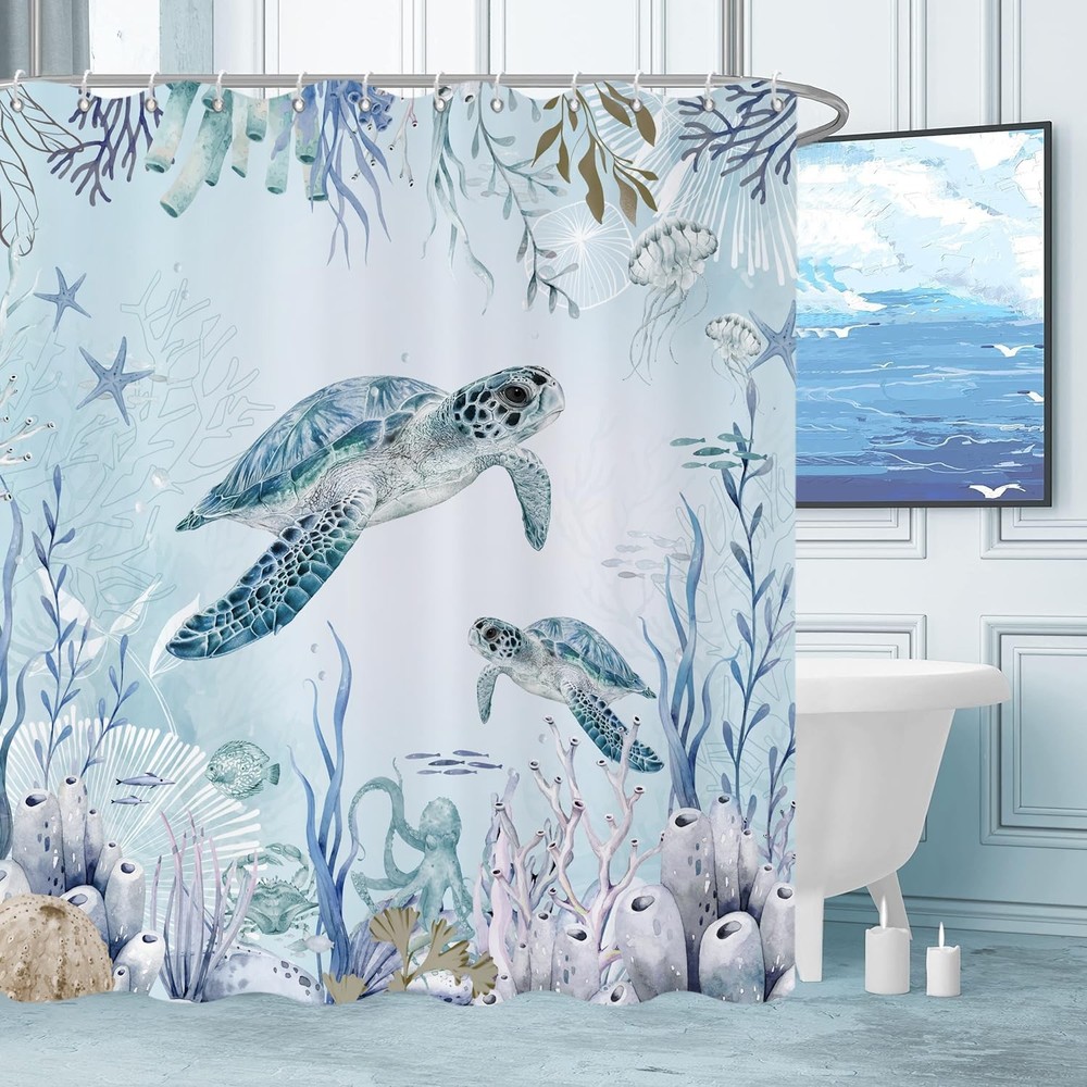 Sea Turtle Shower Curtain, Teal Blue Ocean Beach Coastal Turtle Starfish Jell