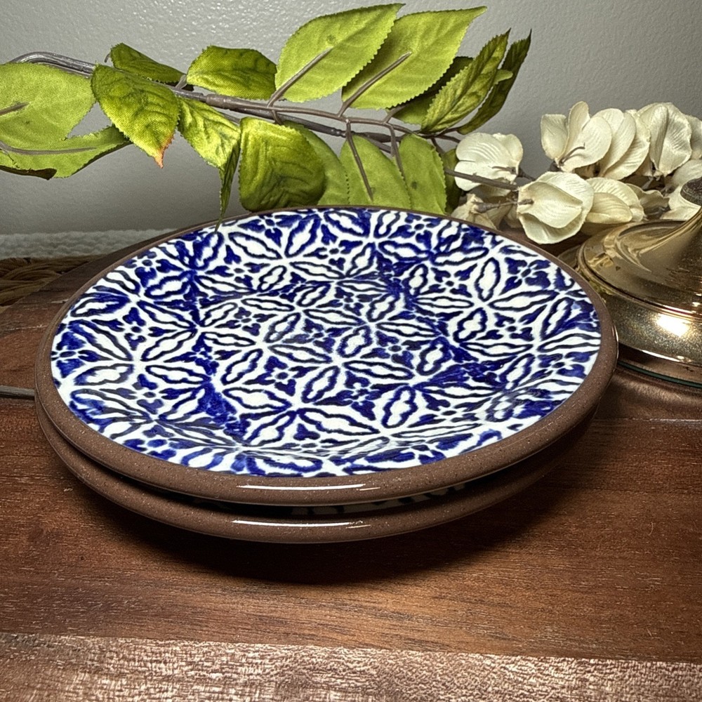Pair Talavera Style Pottery Plates Blue White Spanish Tile Pattern Decor VTG 6”