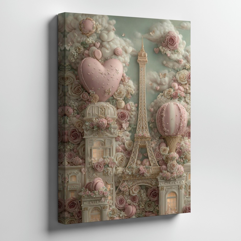 Romantic Paris Eiffel Tower Canvas Wall Art With Heart Pink Roses Macarons Home