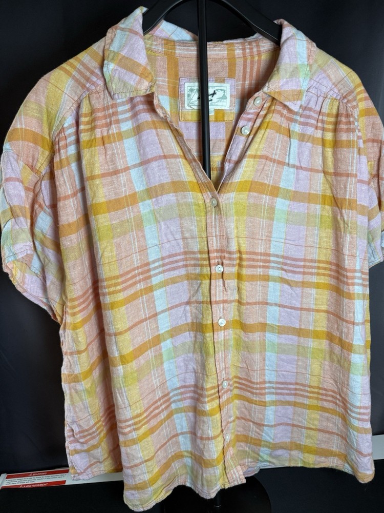 American Eagle Women's Oversized Resorts Linen Blend Button Up Orange Plaid  L