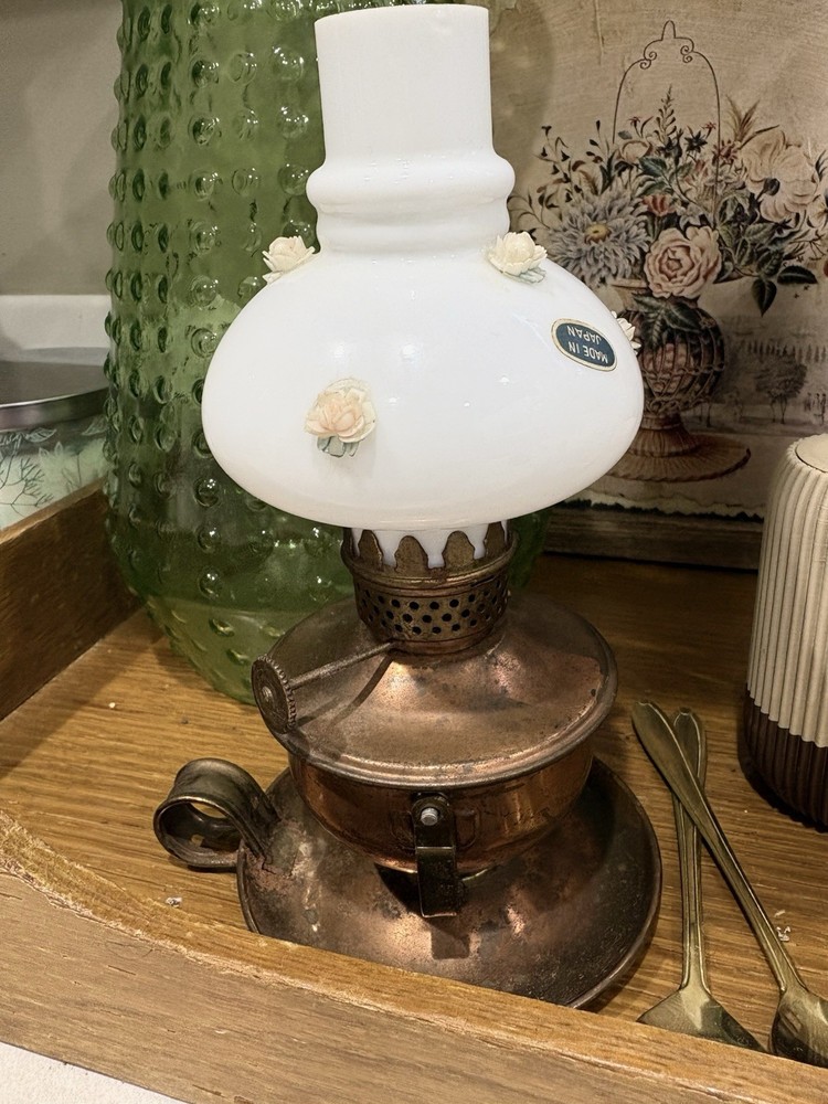 Vintage Brass-Tone Mini Oil Lamp With Floral Milk Glass Shade Made In Japan