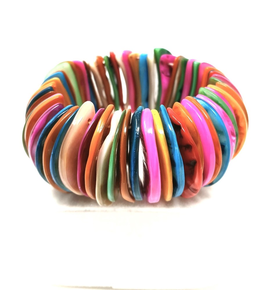 Multicolor Mother of Pearl Half Coin Boho Beach Stretch Bracelet Smooth Backside