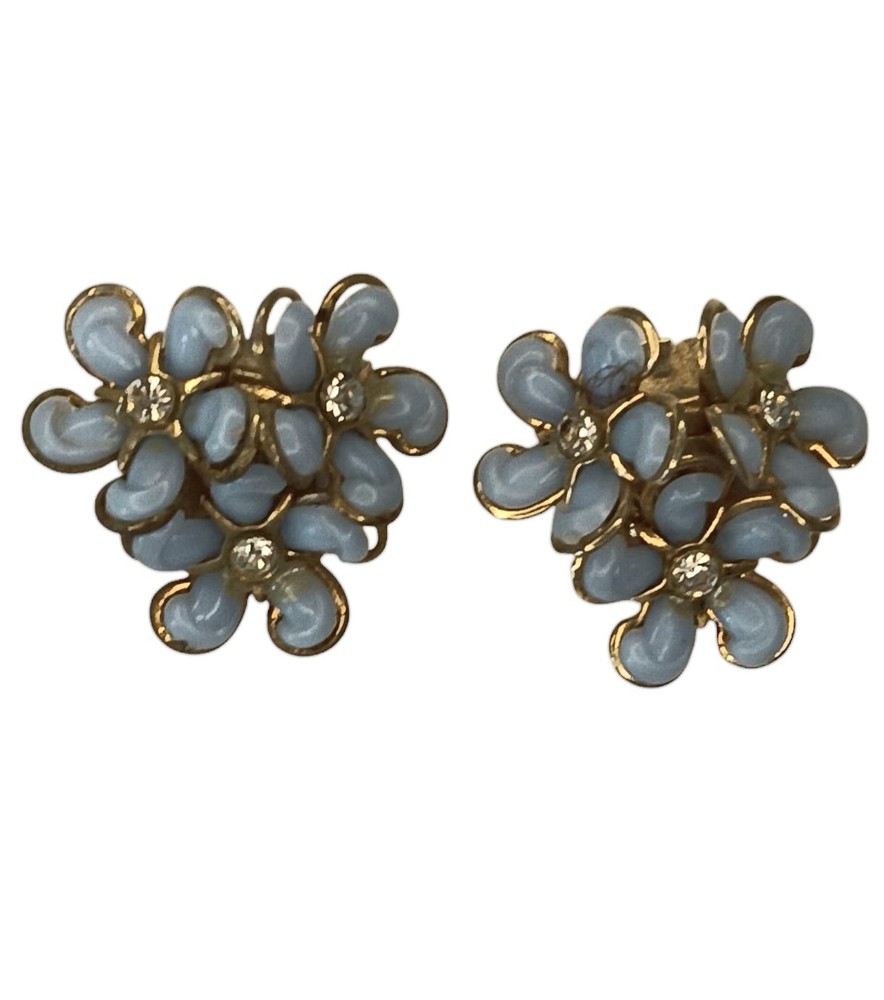 Vintage Flower Cluster Earrings Light Blue With Rhinestones Floral Clip On