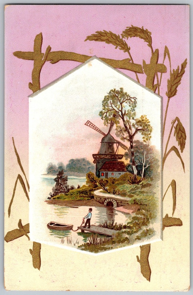 Antique Postcard Windmill Lakeside Scene 1910s