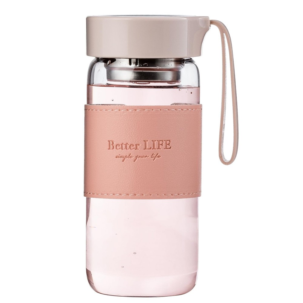 DNIENKGE Glass Tea Bottle 16 oz Drinking with Non-Slip 16 Ounces, Pink