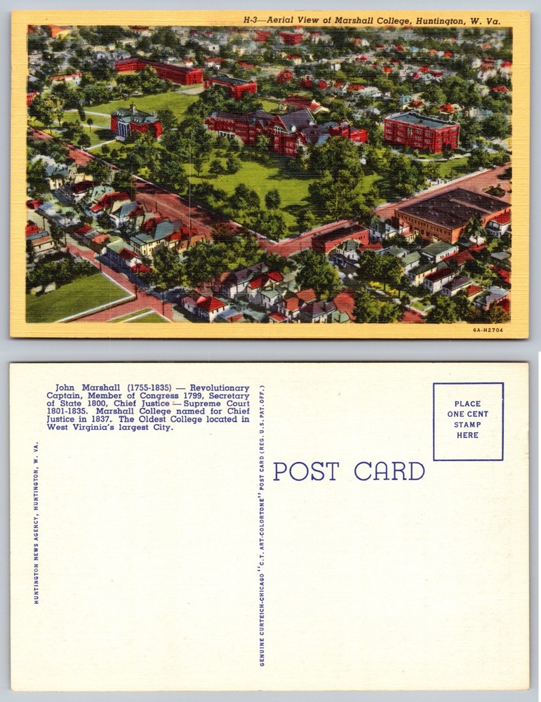 Marshall College Aerial View Huntington West Virginia Postcard