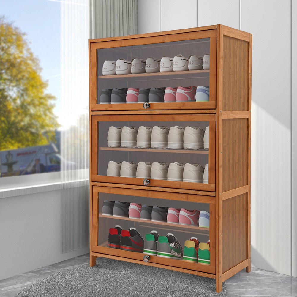 6-Tier Bamboo Shoe Organizer with Flip-Up Doors for Entryway Storage